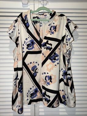 Nine West Cream Blouse with Blue and Blush Floral Pattern